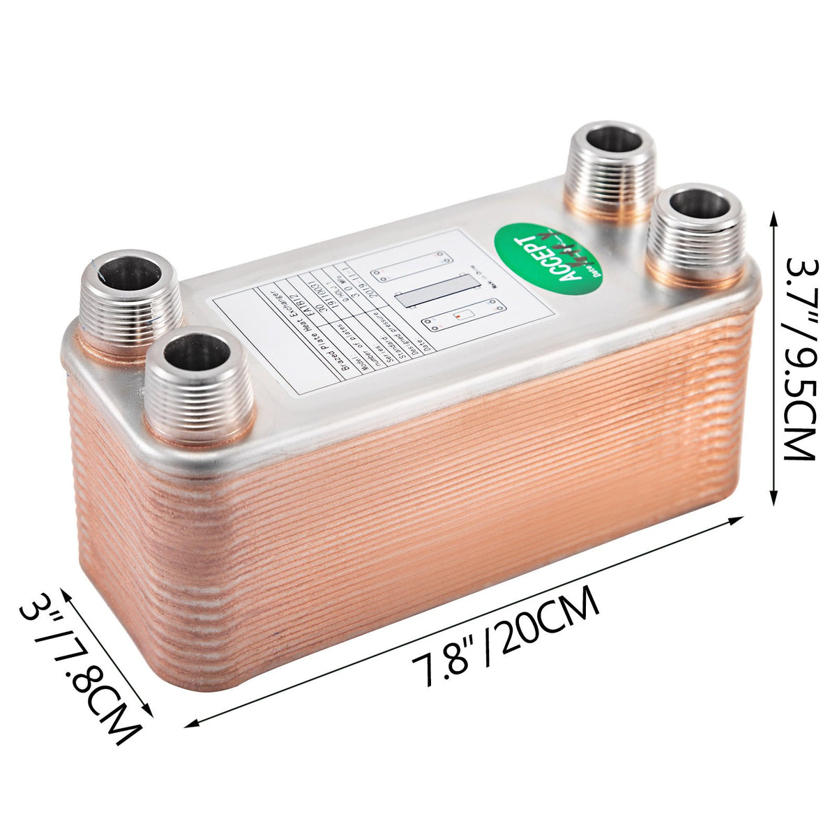 VEVOR Heat Exchanger 3\"x7.5\" 30 Plates Brazed Plate Heat Exchanger 316L 3/4\" MPT Heat Exchanger B12-30 Beer Wort Chiller for Hydronic Heating - BSHRQ1230MN34G601V0 - view 9