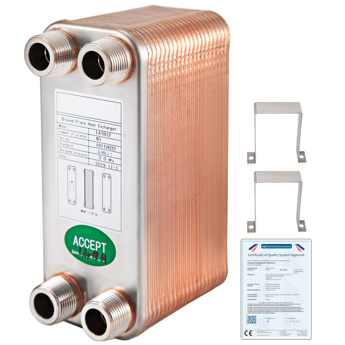 VEVOR Heat Exchanger 3\"x7.5\" 40 Plates Brazed Plate Heat Exchanger 316L 3/4\" MPT Heat Exchanger B3-12A Beer Wort Chiller for Hydronic Heating - BSHRQ1240MN34G601V0 - view 1