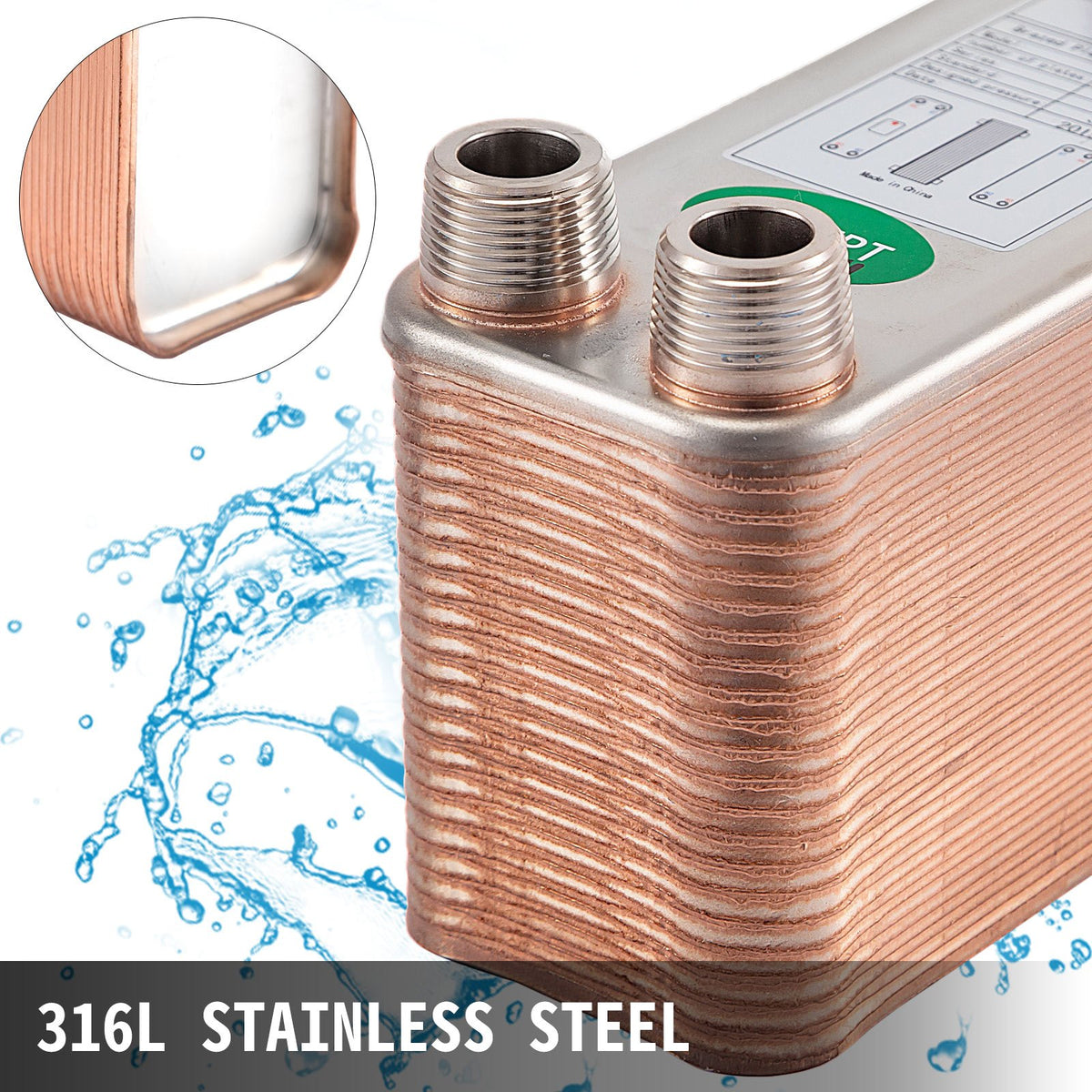 VEVOR Heat Exchanger 3\"x7.5\" 40 Plates Brazed Plate Heat Exchanger 316L 3/4\" MPT Heat Exchanger B3-12A Beer Wort Chiller for Hydronic Heating - BSHRQ1240MN34G601V0 - view 5
