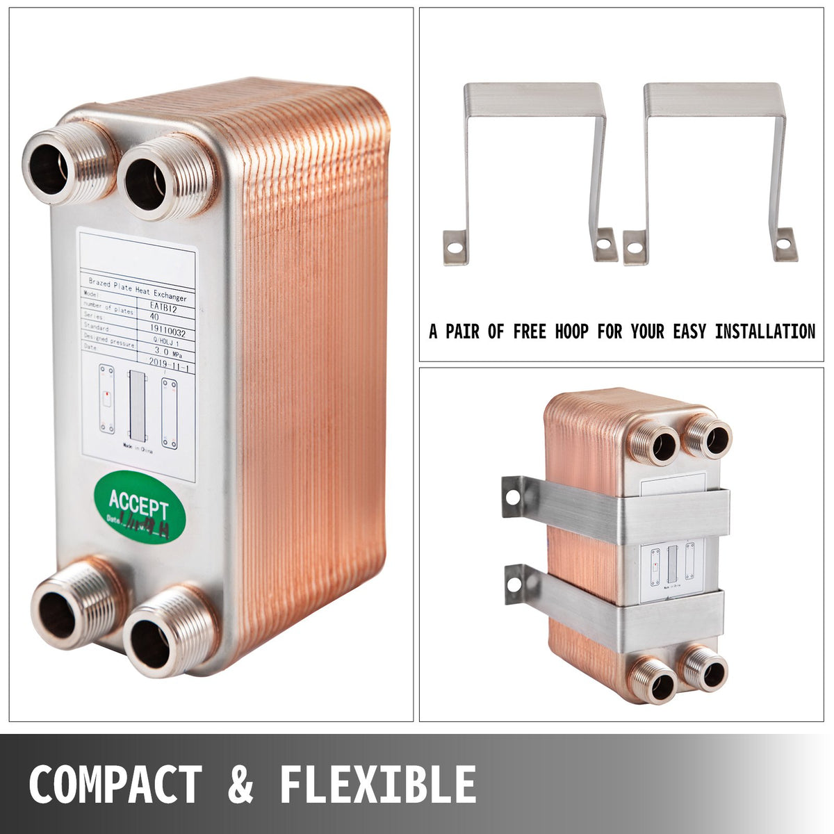 VEVOR Heat Exchanger 3\"x7.5\" 40 Plates Brazed Plate Heat Exchanger 316L 3/4\" MPT Heat Exchanger B3-12A Beer Wort Chiller for Hydronic Heating - BSHRQ1240MN34G601V0 - view 7
