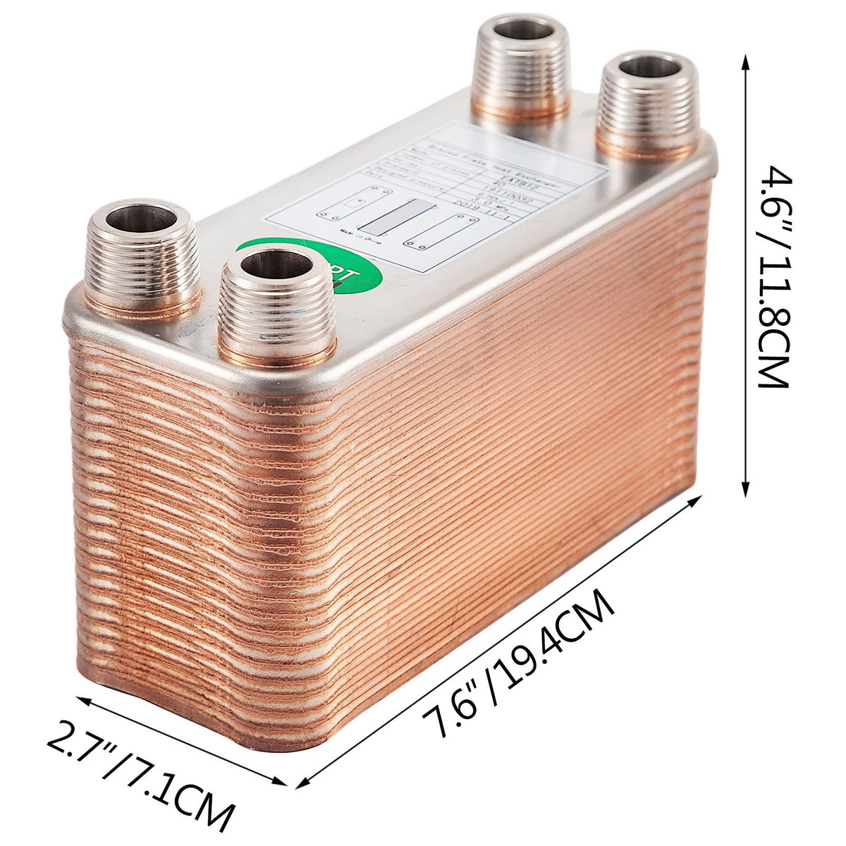 VEVOR Heat Exchanger 3\"x7.5\" 40 Plates Brazed Plate Heat Exchanger 316L 3/4\" MPT Heat Exchanger B3-12A Beer Wort Chiller for Hydronic Heating - BSHRQ1240MN34G601V0 - view 9