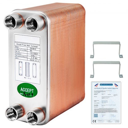 VEVOR Heat Exchanger 3\"x7.5\" 60 Plates Brazed Plate Heat Exchanger 316L 1/2\" BSP FPT Heat Exchanger EATB12 Beer Wort Chiller for Hydronic Heating - BSHRQ1260FB12G601V0 - view 2