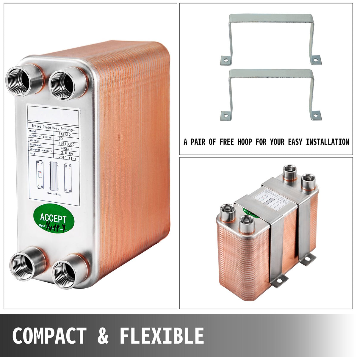 VEVOR Heat Exchanger 3\"x7.5\" 60 Plates Brazed Plate Heat Exchanger 316L 1/2\" BSP FPT Heat Exchanger EATB12 Beer Wort Chiller for Hydronic Heating - BSHRQ1260FB12G601V0 - view 7