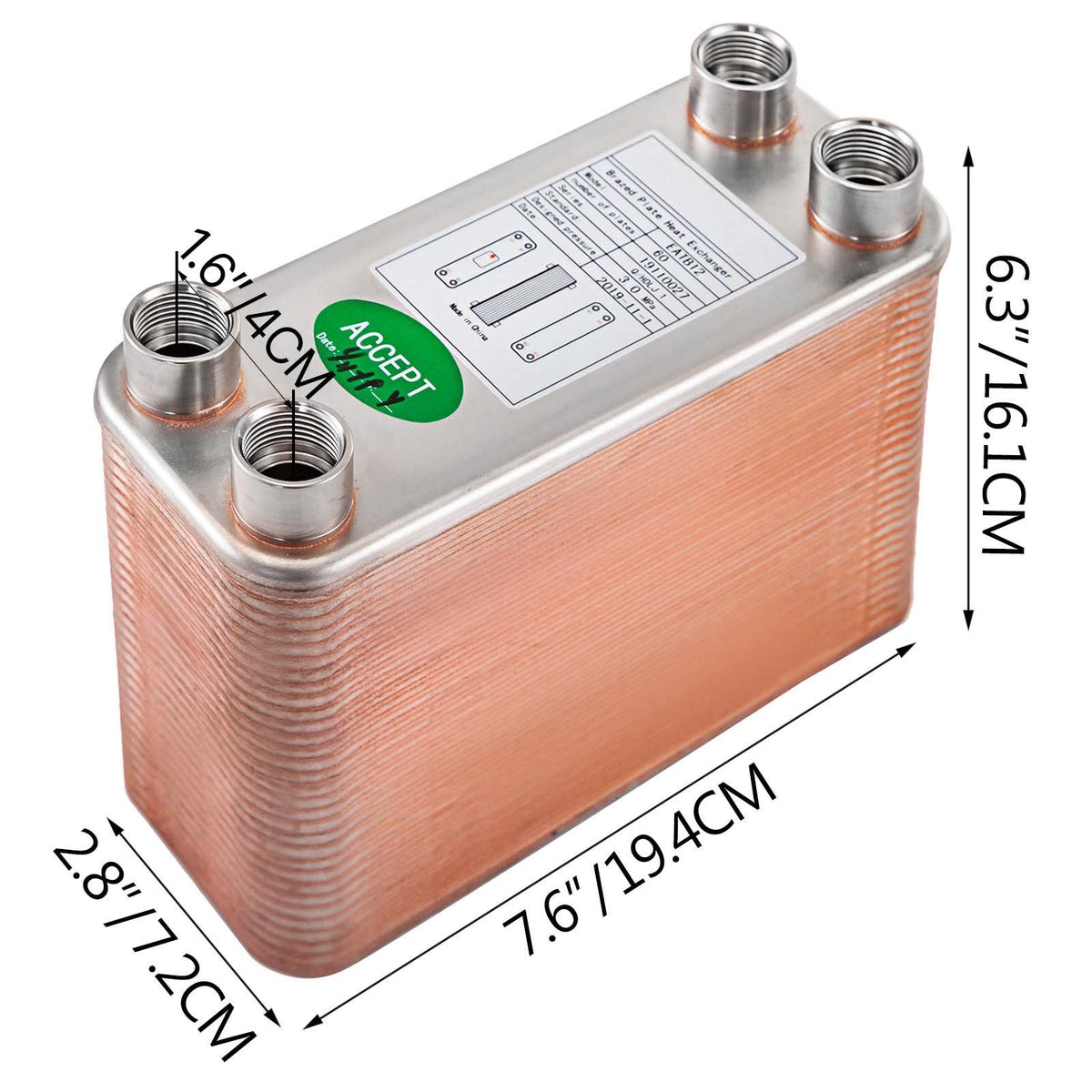 VEVOR Heat Exchanger 3\"x7.5\" 60 Plates Brazed Plate Heat Exchanger 316L 1/2\" BSP FPT Heat Exchanger EATB12 Beer Wort Chiller for Hydronic Heating - BSHRQ1260FB12G601V0 - view 9
