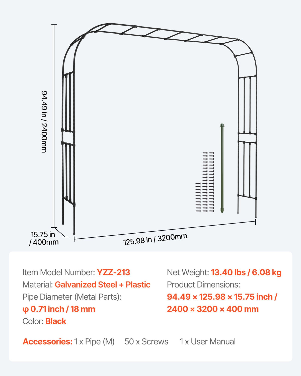 VEVOR Garden Arbor, 94.5 (H) x 126 (W) x 15.8 (D) in Metal Archway, Sturdy Outdoor Trellis Arch with Stakes, Easy to Assemble, Pergola Arbor for Plant Climbing Yard Lawn Wedding Party Decoration - BSHYGMBS9451K3NZR001V0 - view 8