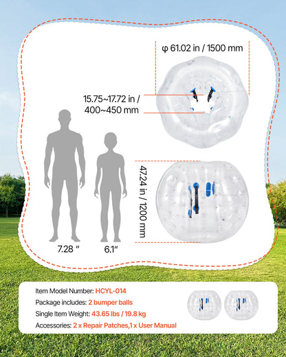 VEVOR 2-Pack Inflatable Bumper Balls 5FT Human Bubble for Adult Transparent, for Backyard, Camping, Picnic, Park, Lawn, and Outdoor Team Gameplay, Thickened PVC Material, Sumo Hamster Ball with Handle - BSJGKTMSZJ5Y9D7C6001V0 - view 8