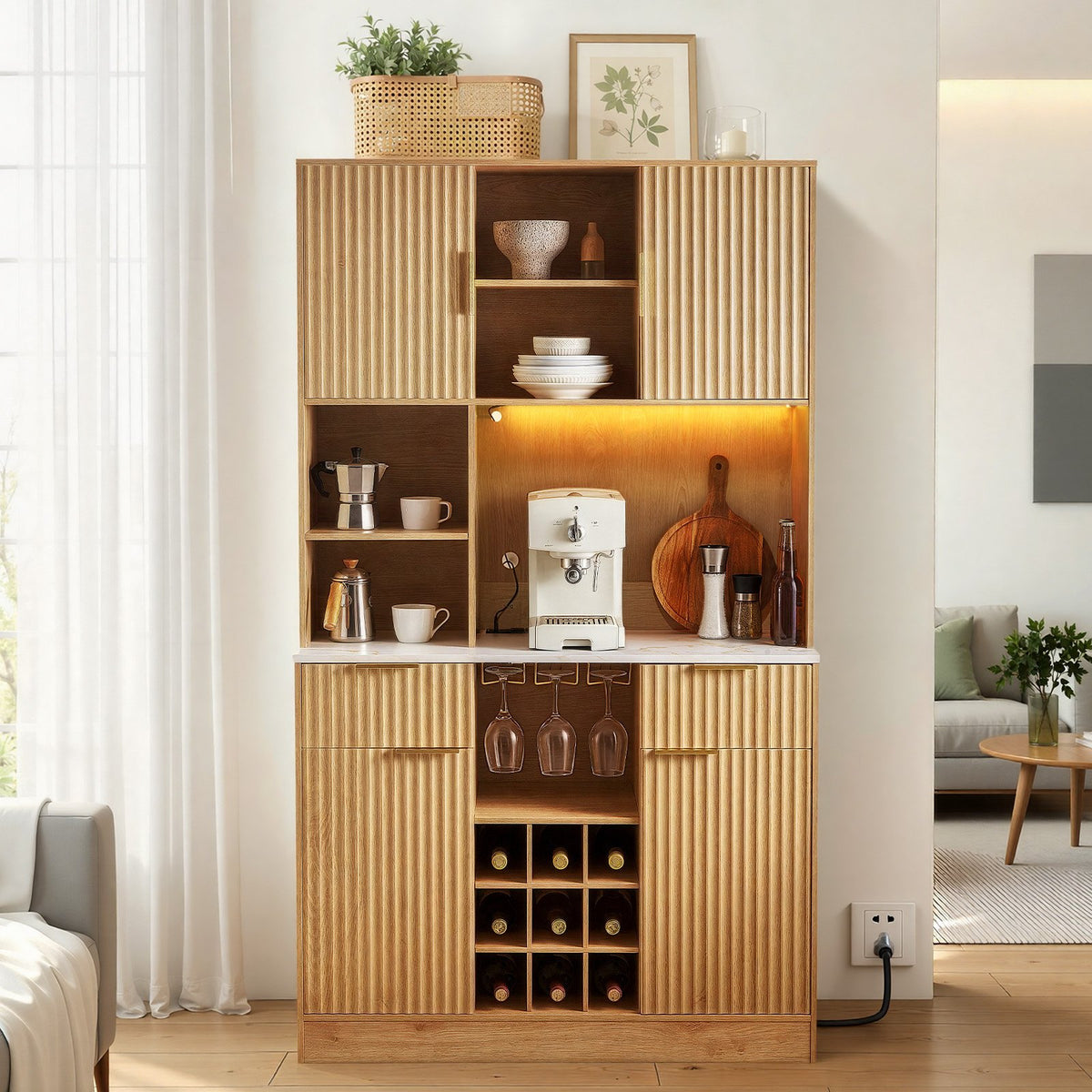 VEVOR Wine Cabinet, Coffee Bar Cabinet with 9 Wine Bottle Racks, Modern Buffet Sideboard with Glass Holder, LED Light, Charging Station, for Home Kitchen, Living Room, Dining Room, Natural Wood Finish - BSJJ1018MKQKLHYTH001V1 - view 1