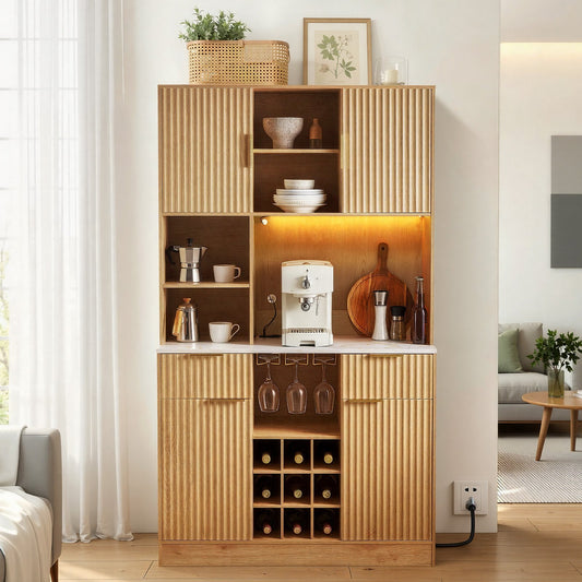 VEVOR Wine Cabinet, Coffee Bar Cabinet with 9 Wine Bottle Racks, Modern Buffet Sideboard with Glass Holder, LED Light, Charging Station, for Home Kitchen, Living Room, Dining Room, Natural Wood Finish - BSJJ1018MKQKLHYTH001V1 - view 1