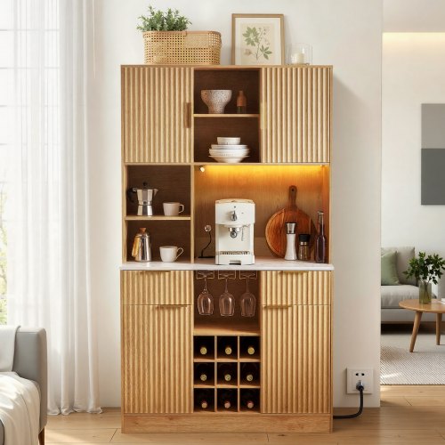 VEVOR Wine Cabinet, Coffee Bar Cabinet with 9 Wine Bottle Racks, Modern Buffet Sideboard with Glass Holder, LED Light, Charging Station, for Home Kitchen, Living Room, Dining Room, Natural Wood Finish - BSJJ1018MKQKLHYTH001V1 - view 2
