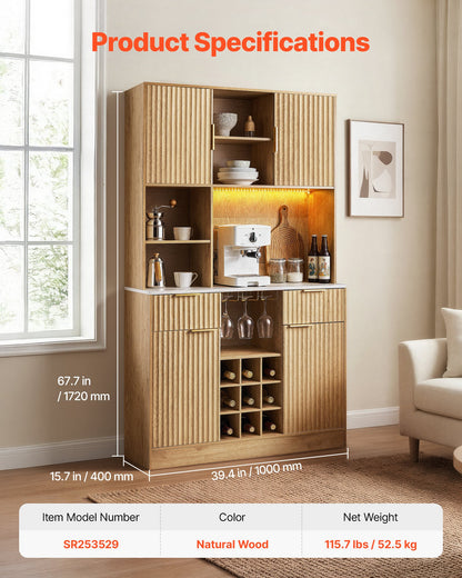 VEVOR Wine Cabinet, Coffee Bar Cabinet with 9 Wine Bottle Racks, Modern Buffet Sideboard with Glass Holder, LED Light, Charging Station, for Home Kitchen, Living Room, Dining Room, Natural Wood Finish - BSJJ1018MKQKLHYTH001V1 - view 3