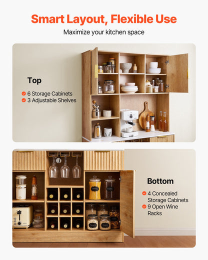 VEVOR Wine Cabinet, Coffee Bar Cabinet with 9 Wine Bottle Racks, Modern Buffet Sideboard with Glass Holder, LED Light, Charging Station, for Home Kitchen, Living Room, Dining Room, Natural Wood Finish - BSJJ1018MKQKLHYTH001V1 - view 4