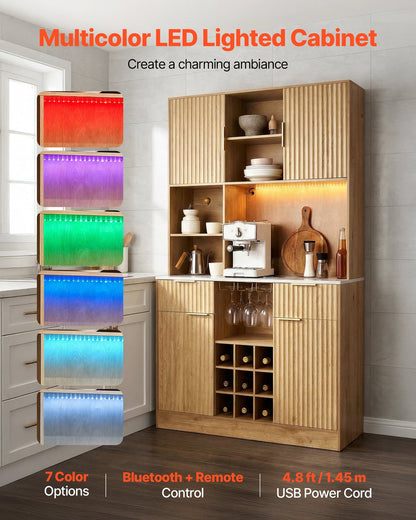 VEVOR Wine Cabinet, Coffee Bar Cabinet with 9 Wine Bottle Racks, Modern Buffet Sideboard with Glass Holder, LED Light, Charging Station, for Home Kitchen, Living Room, Dining Room, Natural Wood Finish - BSJJ1018MKQKLHYTH001V1 - view 6