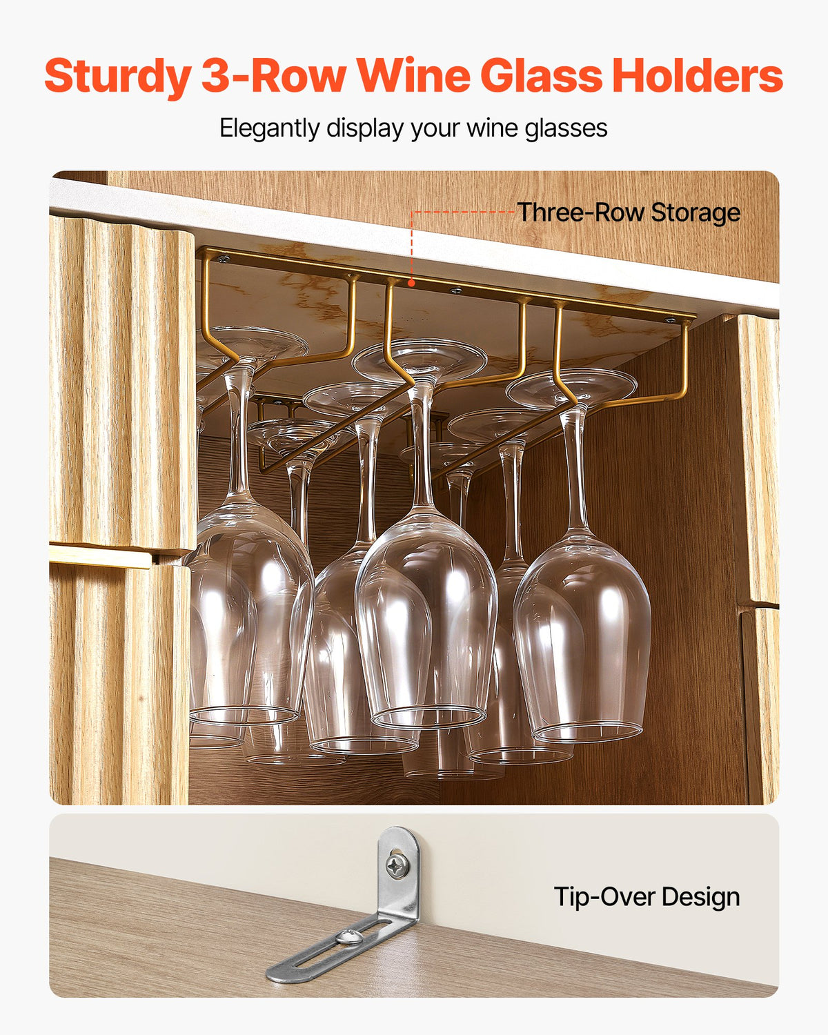 VEVOR Wine Cabinet, Coffee Bar Cabinet with 9 Wine Bottle Racks, Modern Buffet Sideboard with Glass Holder, LED Light, Charging Station, for Home Kitchen, Living Room, Dining Room, Natural Wood Finish - BSJJ1018MKQKLHYTH001V1 - view 7