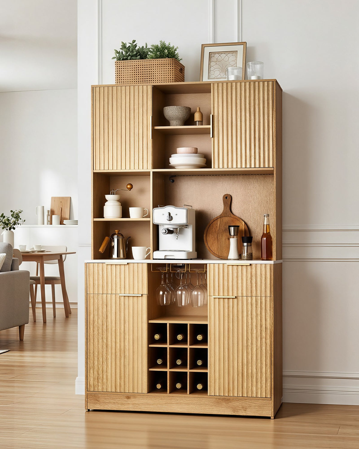 VEVOR Wine Cabinet, Coffee Bar Cabinet with 9 Wine Bottle Racks, Modern Buffet Sideboard with Glass Holder, LED Light, Charging Station, for Home Kitchen, Living Room, Dining Room, Natural Wood Finish - BSJJ1018MKQKLHYTH001V1 - view 8