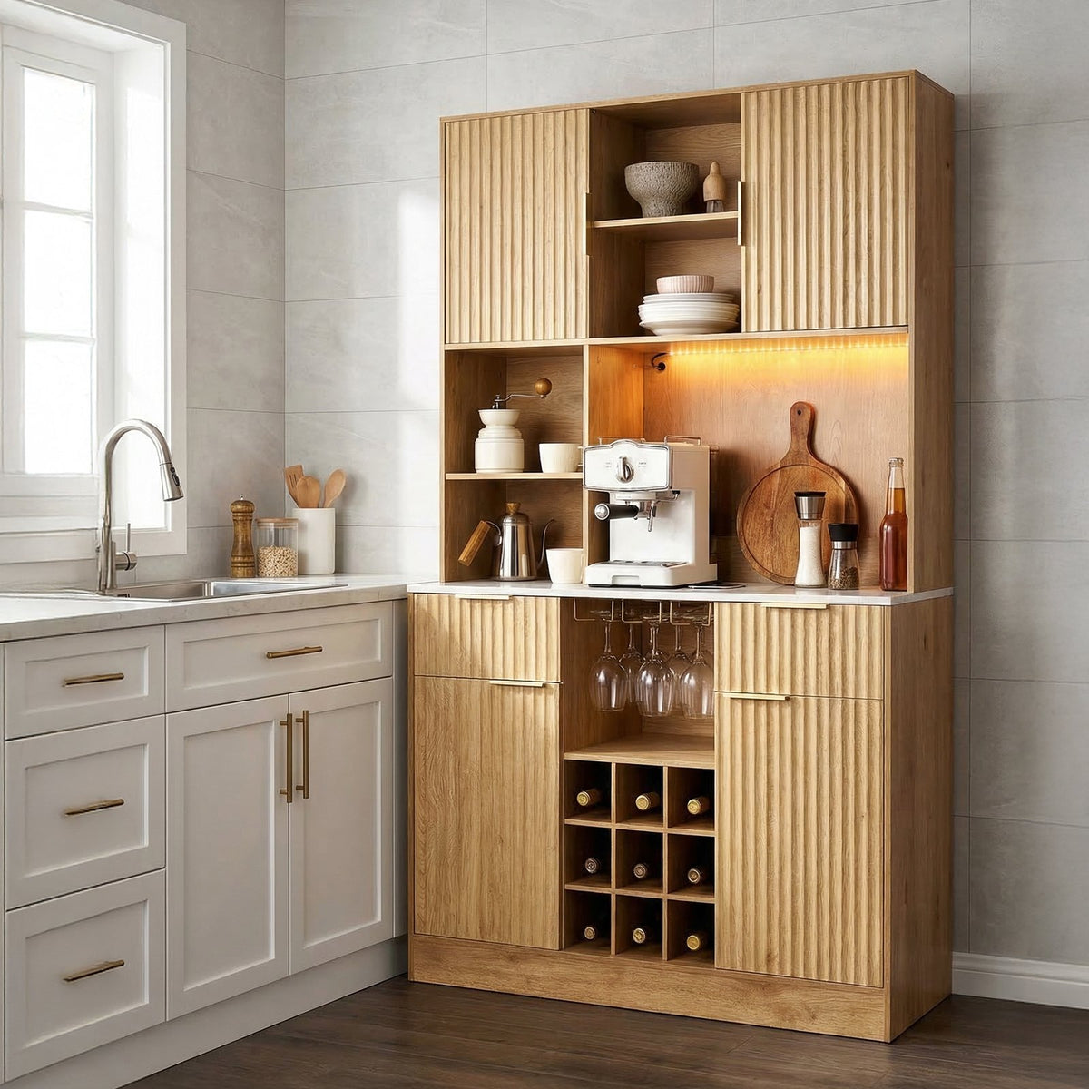 VEVOR Wine Cabinet, Coffee Bar Cabinet with 9 Wine Bottle Racks, Modern Buffet Sideboard with Glass Holder, LED Light, Charging Station, for Home Kitchen, Living Room, Dining Room, Natural Wood Finish - BSJJ1018MKQKLHYTH001V1 - view 9