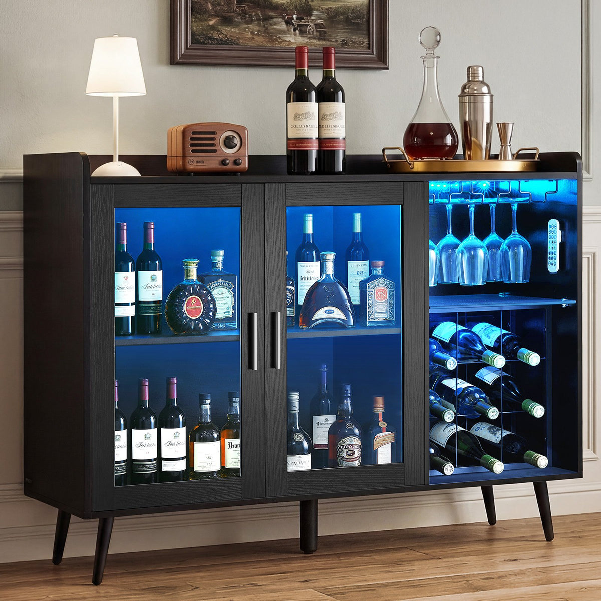 VEVOR Wine Cabinet, Coffee Bar Cabinet with 9 Wine Bottle Racks, Modern Buffet Sideboard with Glass Holder, Adjustable LED Brightness, for Home Kitchen, Living Room, Dining Room, Black Wood Grain - BSJJKQK2BLM1U1L5W001V9 - view 1