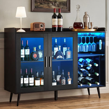 VEVOR Wine Cabinet, Coffee Bar Cabinet with 9 Wine Bottle Racks, Modern Buffet Sideboard with Glass Holder, Adjustable LED Brightness, for Home Kitchen, Living Room, Dining Room, Black Wood Grain - BSJJKQK2BLM1U1L5W001V9 - view 1