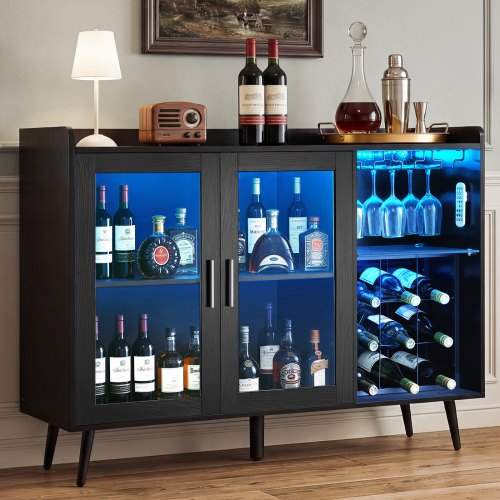 VEVOR Wine Cabinet, Coffee Bar Cabinet with 9 Wine Bottle Racks, Modern Buffet Sideboard with Glass Holder, Adjustable LED Brightness, for Home Kitchen, Living Room, Dining Room, Black Wood Grain - BSJJKQK2BLM1U1L5W001V9 - view 2