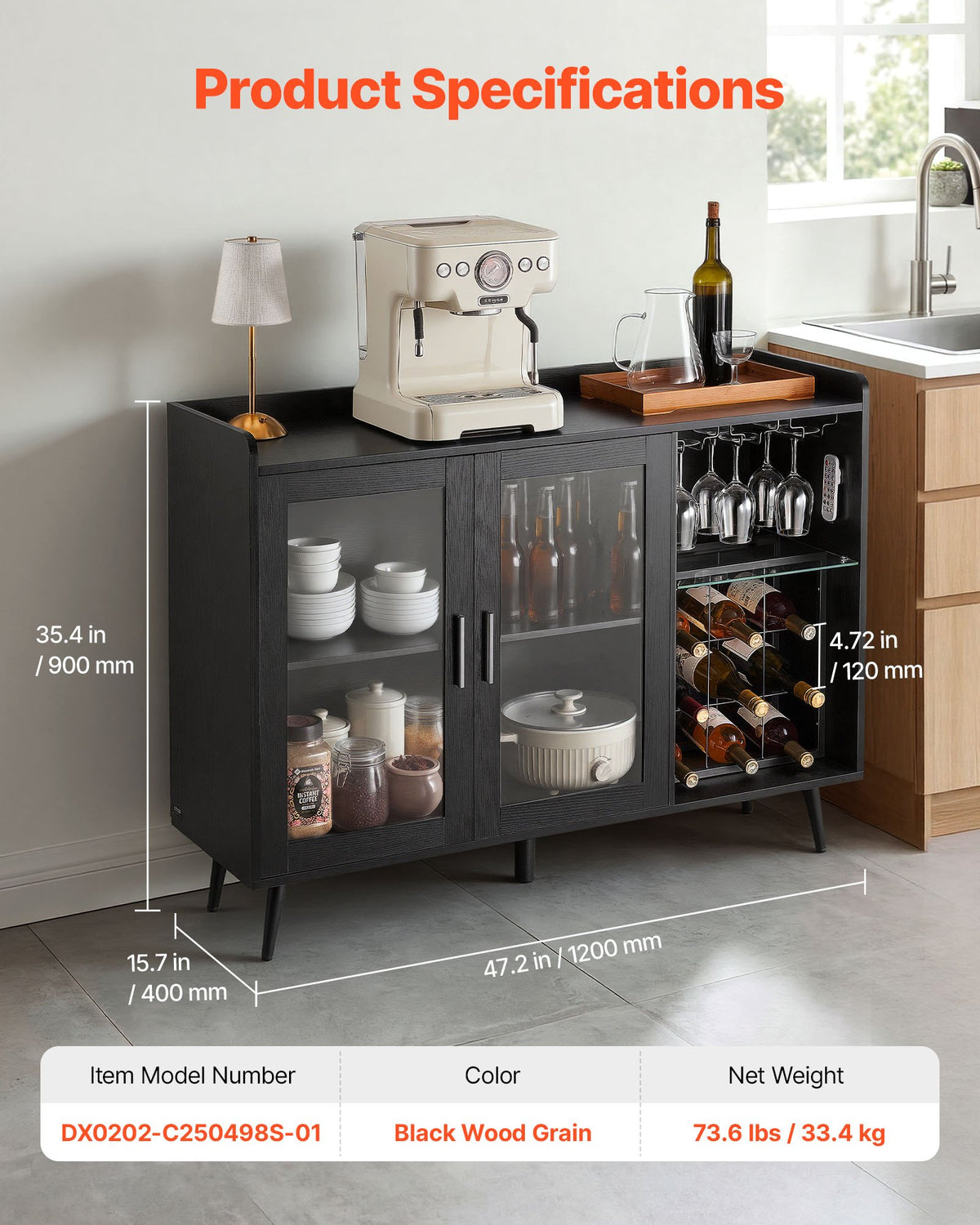 VEVOR Wine Cabinet, Coffee Bar Cabinet with 9 Wine Bottle Racks, Modern Buffet Sideboard with Glass Holder, Adjustable LED Brightness, for Home Kitchen, Living Room, Dining Room, Black Wood Grain - BSJJKQK2BLM1U1L5W001V9 - view 3