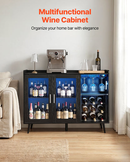 VEVOR Wine Cabinet, Coffee Bar Cabinet with 9 Wine Bottle Racks, Modern Buffet Sideboard with Glass Holder, Adjustable LED Brightness, for Home Kitchen, Living Room, Dining Room, Black Wood Grain - BSJJKQK2BLM1U1L5W001V9 - view 4