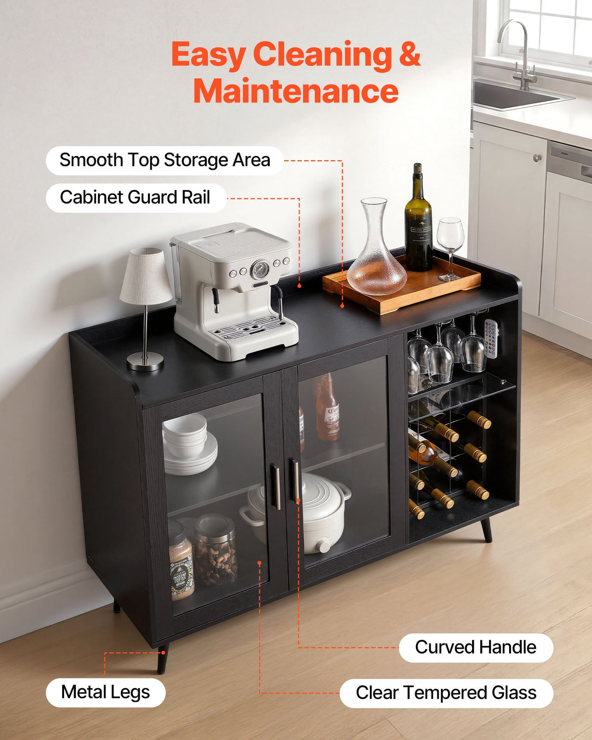 VEVOR Wine Cabinet, Coffee Bar Cabinet with 9 Wine Bottle Racks, Modern Buffet Sideboard with Glass Holder, Adjustable LED Brightness, for Home Kitchen, Living Room, Dining Room, Black Wood Grain - BSJJKQK2BLM1U1L5W001V9 - view 5