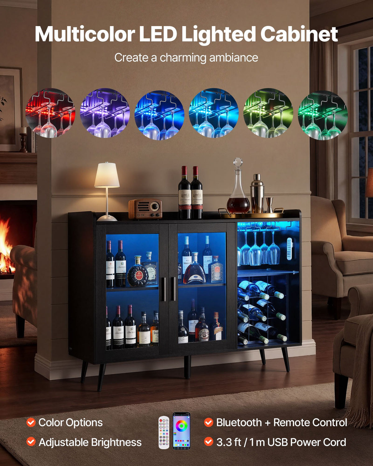 VEVOR Wine Cabinet, Coffee Bar Cabinet with 9 Wine Bottle Racks, Modern Buffet Sideboard with Glass Holder, Adjustable LED Brightness, for Home Kitchen, Living Room, Dining Room, Black Wood Grain - BSJJKQK2BLM1U1L5W001V9 - view 6