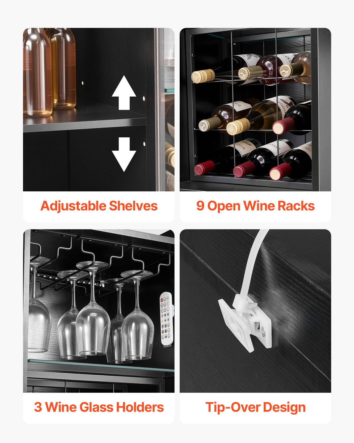 VEVOR Wine Cabinet, Coffee Bar Cabinet with 9 Wine Bottle Racks, Modern Buffet Sideboard with Glass Holder, Adjustable LED Brightness, for Home Kitchen, Living Room, Dining Room, Black Wood Grain - BSJJKQK2BLM1U1L5W001V9 - view 7