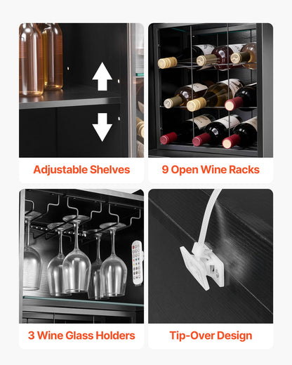 VEVOR Wine Cabinet, Coffee Bar Cabinet with 9 Wine Bottle Racks, Modern Buffet Sideboard with Glass Holder, Adjustable LED Brightness, for Home Kitchen, Living Room, Dining Room, Black Wood Grain - BSJJKQK2BLM1U1L5W001V9 - view 7