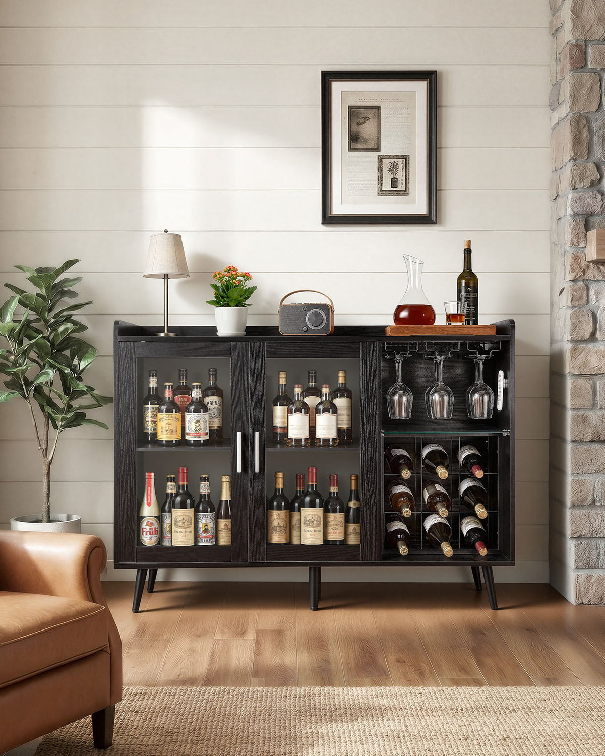 VEVOR Wine Cabinet, Coffee Bar Cabinet with 9 Wine Bottle Racks, Modern Buffet Sideboard with Glass Holder, Adjustable LED Brightness, for Home Kitchen, Living Room, Dining Room, Black Wood Grain - BSJJKQK2BLM1U1L5W001V9 - view 8