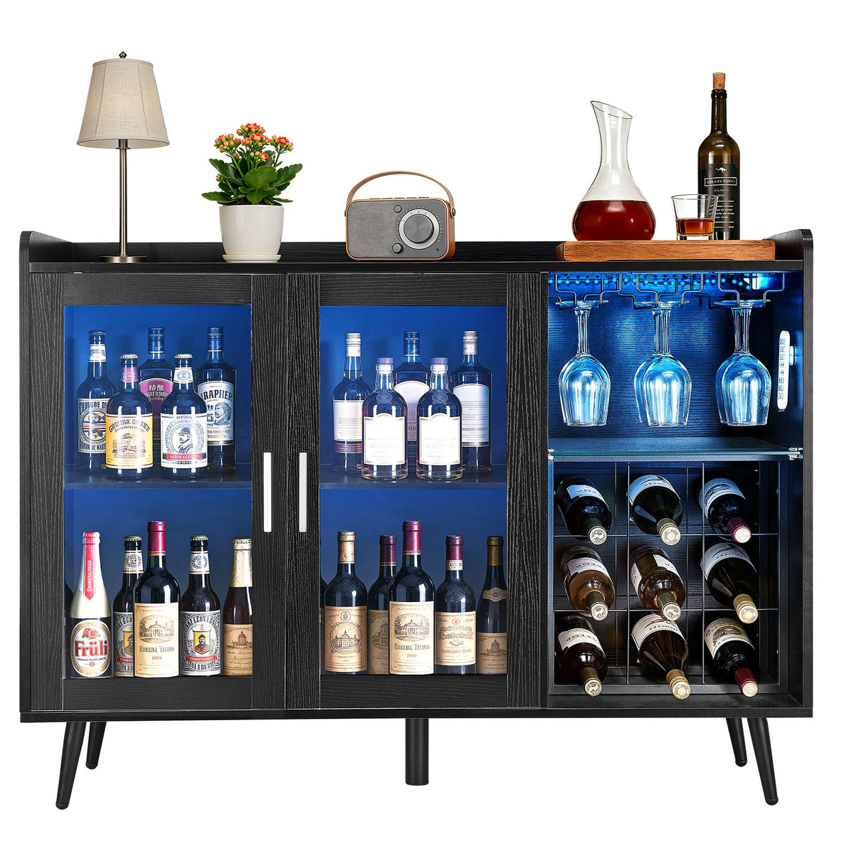 VEVOR Wine Cabinet, Coffee Bar Cabinet with 9 Wine Bottle Racks, Modern Buffet Sideboard with Glass Holder, Adjustable LED Brightness, for Home Kitchen, Living Room, Dining Room, Black Wood Grain - BSJJKQK2BLM1U1L5W001V9 - view 10