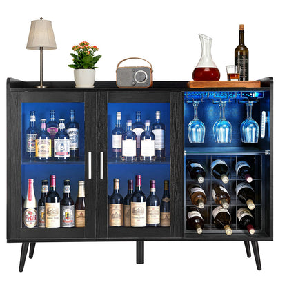 VEVOR Wine Cabinet, Coffee Bar Cabinet with 9 Wine Bottle Racks, Modern Buffet Sideboard with Glass Holder, Adjustable LED Brightness, for Home Kitchen, Living Room, Dining Room, Black Wood Grain - BSJJKQK2BLM1U1L5W001V9 - view 10
