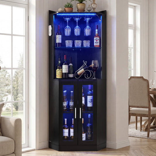 VEVOR Corner Wine Cabinet, Bar Cabinet with Ample Storage, Modern Buffet Sideboard with Glass Holder, Adjustable LED Brightness, Anti-Tip Strap, for Home Kitchen, Living Room, Dining Room, Black Wood - BSJJZJK2BLM6HE57U001V9 - view 1