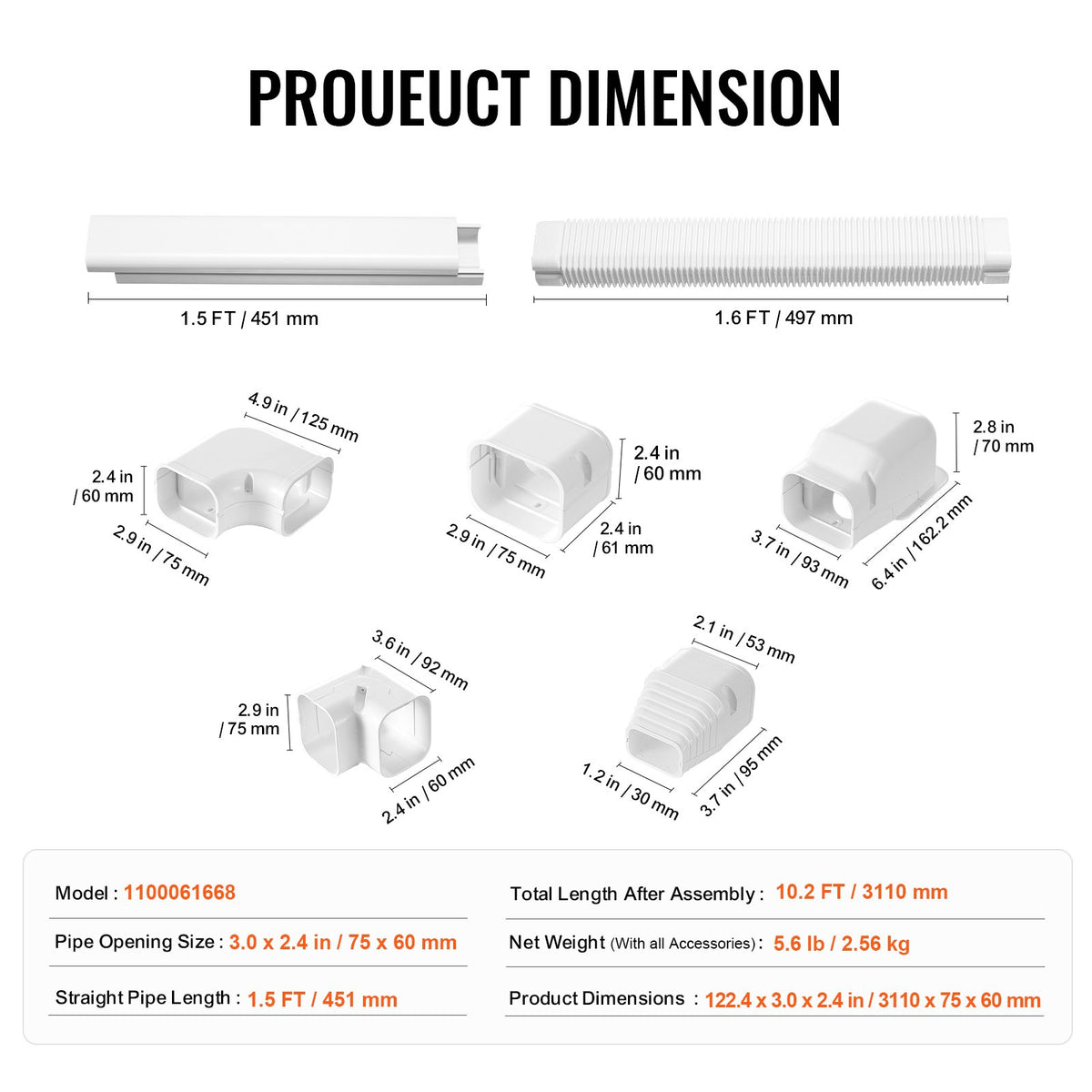 VEVOR Mini Split Line Set Cover 3-inch W 10Ft L, PVC Decorative Pipe Line Cover For Air Conditioner with 5 Straight Ducts & Full Components Easy to Install, Paintable for Heat Pumps, White - BSKSQFTSKDGX4RGJNV0 - view 8