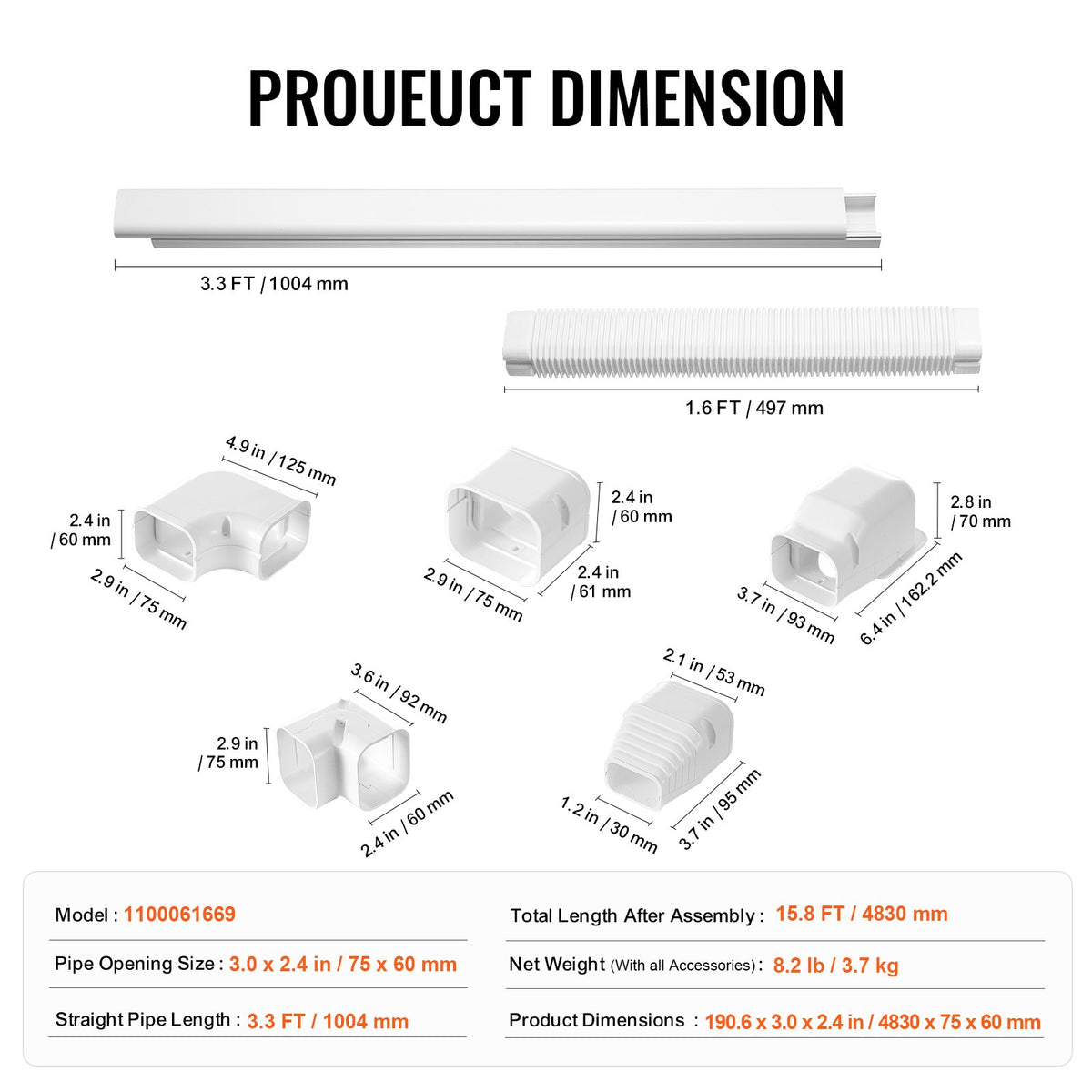 VEVOR Mini Split Line Set Cover 3-inch W 15.8Ft L, PVC Decorative Pipe Line Cover For Air Conditioner with 4 Straight Ducts & Full Components Easy to Install, Paintable for Heat Pumps, White - BSKSQFTSKDGX6NH9BV0 - view 8