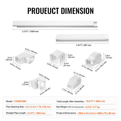 VEVOR Mini Split Line Set Cover 3-inch W 15.8Ft L, PVC Decorative Pipe Line Cover For Air Conditioner with 4 Straight Ducts & Full Components Easy to Install, Paintable for Heat Pumps, White - BSKSQFTSKDGX6NH9BV0 - view 8