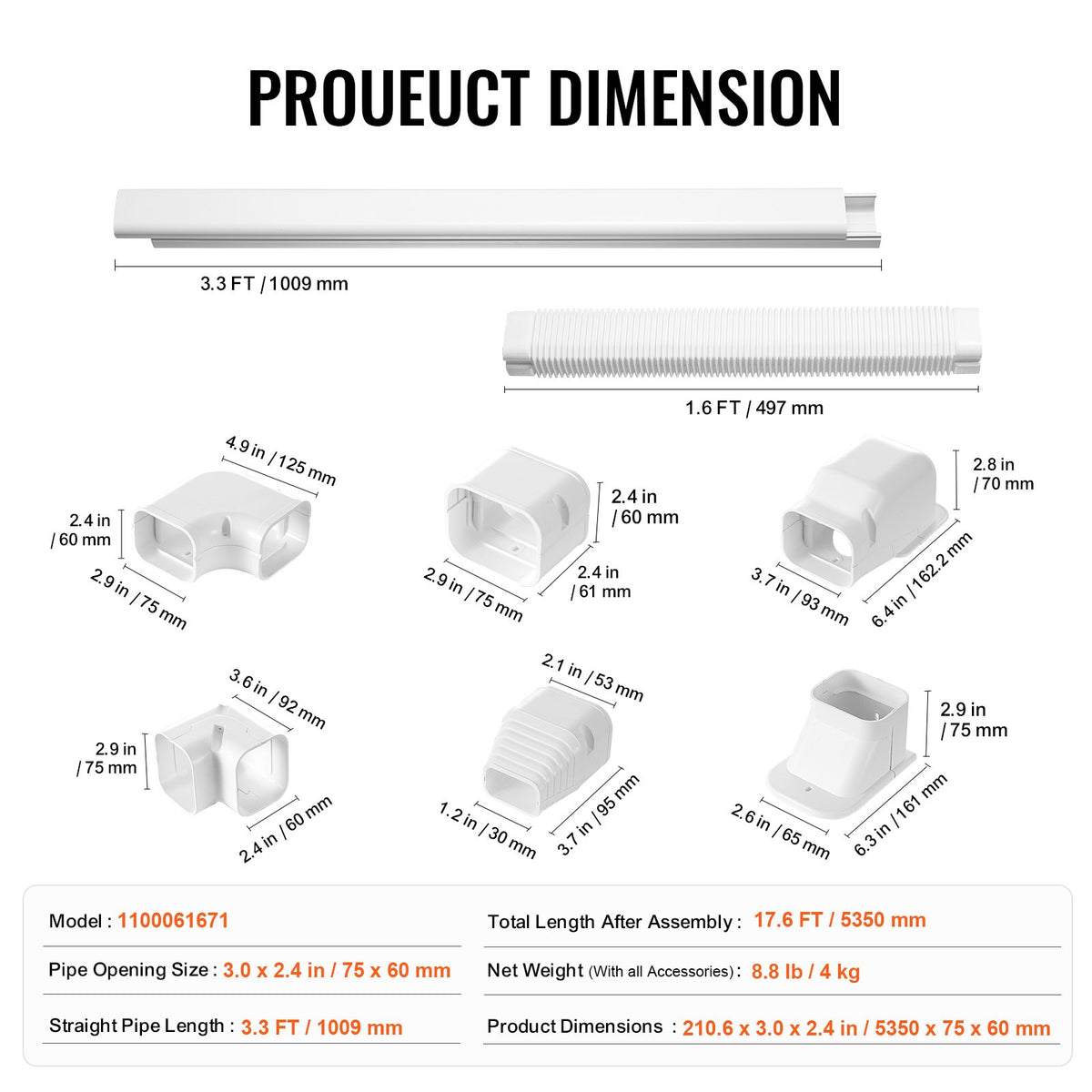 VEVOR Mini Split Line Set Cover 3-inch W 17.6Ft L, PVC Decorative Pipe Line Cover For Air Conditioner with 4 Straight Ducts & Full Components Easy to Install, Paintable for Heat Pumps, White - BSKSQFTSKDGXAZ41JV0 - view 8