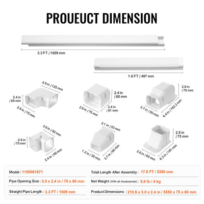VEVOR Mini Split Line Set Cover 3-inch W 17.6Ft L, PVC Decorative Pipe Line Cover For Air Conditioner with 4 Straight Ducts & Full Components Easy to Install, Paintable for Heat Pumps, White - BSKSQFTSKDGXAZ41JV0 - view 8