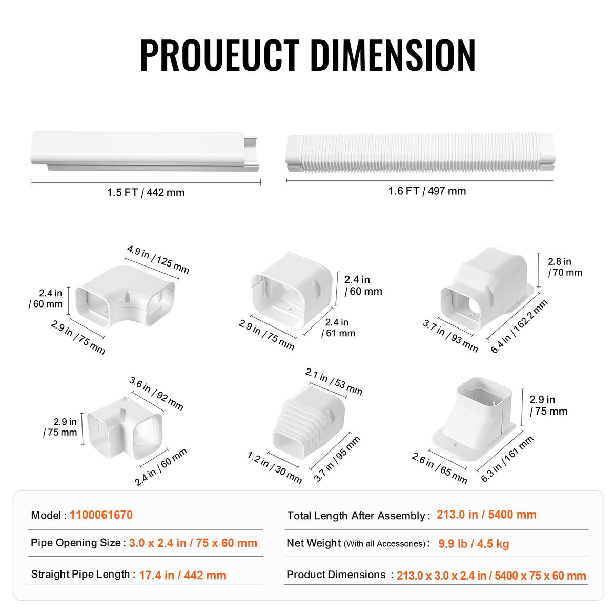VEVOR Mini Split Line Set Cover 3-inch W 17.7Ft L, PVC Decorative Pipe Line Cover For Air Conditioner with 10 Straight Ducts & Full Components Easy to Install, Paintable for Heat Pumps, White - BSKSQFTSKDGXB3X6AV0 - view 8