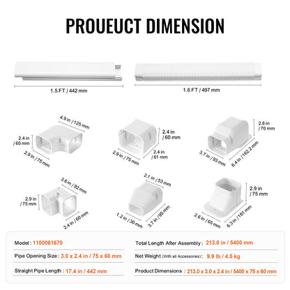 VEVOR Mini Split Line Set Cover 3-inch W 17.7Ft L, PVC Decorative Pipe Line Cover For Air Conditioner with 10 Straight Ducts & Full Components Easy to Install, Paintable for Heat Pumps, White - BSKSQFTSKDGXB3X6AV0 - view 8