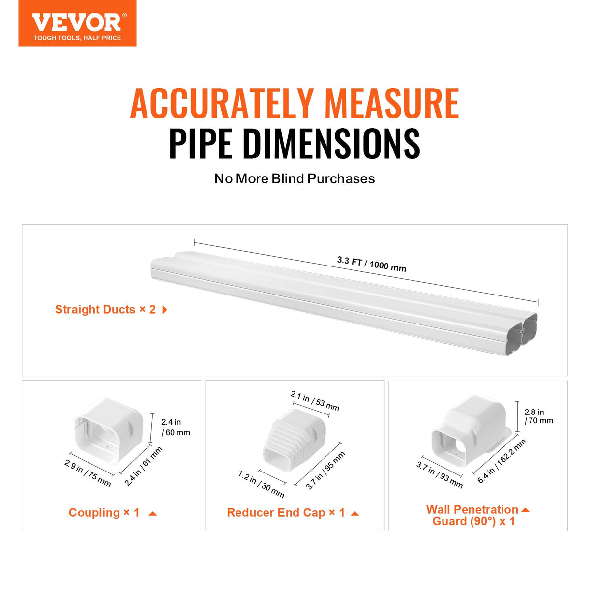 VEVOR Mini Split Line Set Cover 3-inch W 7.4Ft L, PVC Decorative Pipe Line Cover For Air Conditioner with 2 Straight Ducts & Full Components Easy to Install, Paintable for Heat Pumps, White - BSKSQFTSKDGXVBQRUV0 - view 3