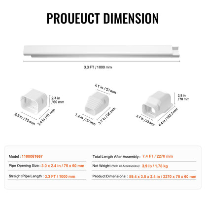 VEVOR Mini Split Line Set Cover 3-inch W 7.4Ft L, PVC Decorative Pipe Line Cover For Air Conditioner with 2 Straight Ducts & Full Components Easy to Install, Paintable for Heat Pumps, White - BSKSQFTSKDGXVBQRUV0 - view 8