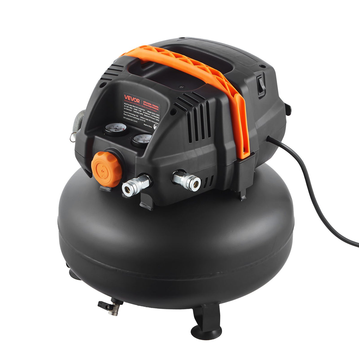 VEVOR 6 Gallon Air Compressor, 1.7HP 2.3CFM @ 90PSI Portable Pancake Air Compressor & 150PSI Max Working Pressure, Oil-Free Compressor Tank for Tire Inflation, Spray Painting, Woodwork Nailing, 120V - BSKYJYX120V656TA4001V1 - view 1