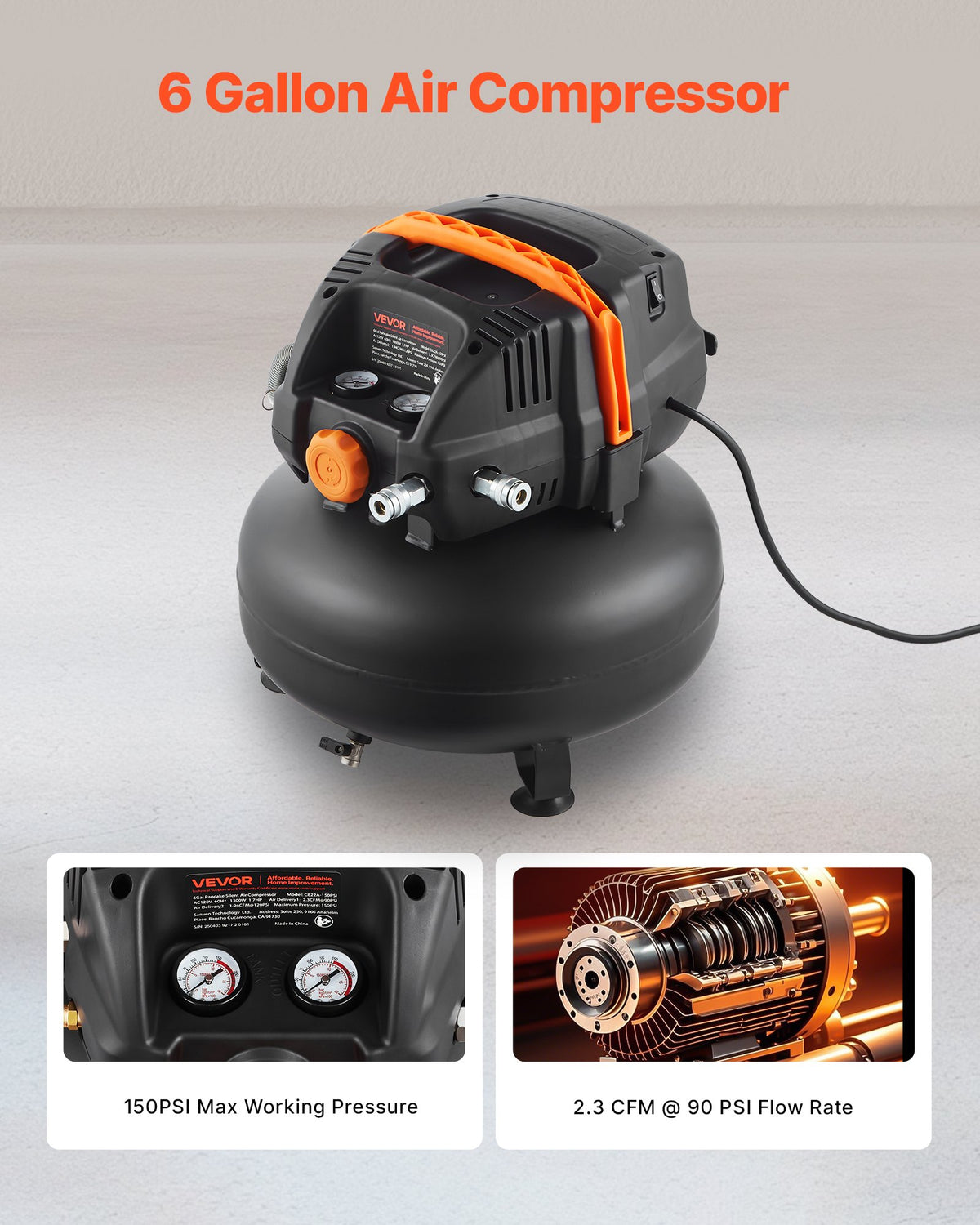 VEVOR 6 Gallon Air Compressor, 1.7HP 2.3CFM @ 90PSI Portable Pancake Air Compressor & 150PSI Max Working Pressure, Oil-Free Compressor Tank for Tire Inflation, Spray Painting, Woodwork Nailing, 120V - BSKYJYX120V656TA4001V1 - view 3