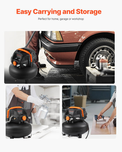 VEVOR 6 Gallon Air Compressor, 1.7HP 2.3CFM @ 90PSI Portable Pancake Air Compressor & 150PSI Max Working Pressure, Oil-Free Compressor Tank for Tire Inflation, Spray Painting, Woodwork Nailing, 120V - BSKYJYX120V656TA4001V1 - view 6