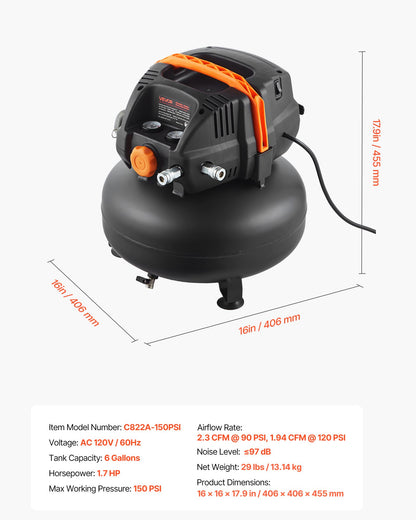 VEVOR 6 Gallon Air Compressor, 1.7HP 2.3CFM @ 90PSI Portable Pancake Air Compressor & 150PSI Max Working Pressure, Oil-Free Compressor Tank for Tire Inflation, Spray Painting, Woodwork Nailing, 120V - BSKYJYX120V656TA4001V1 - view 8