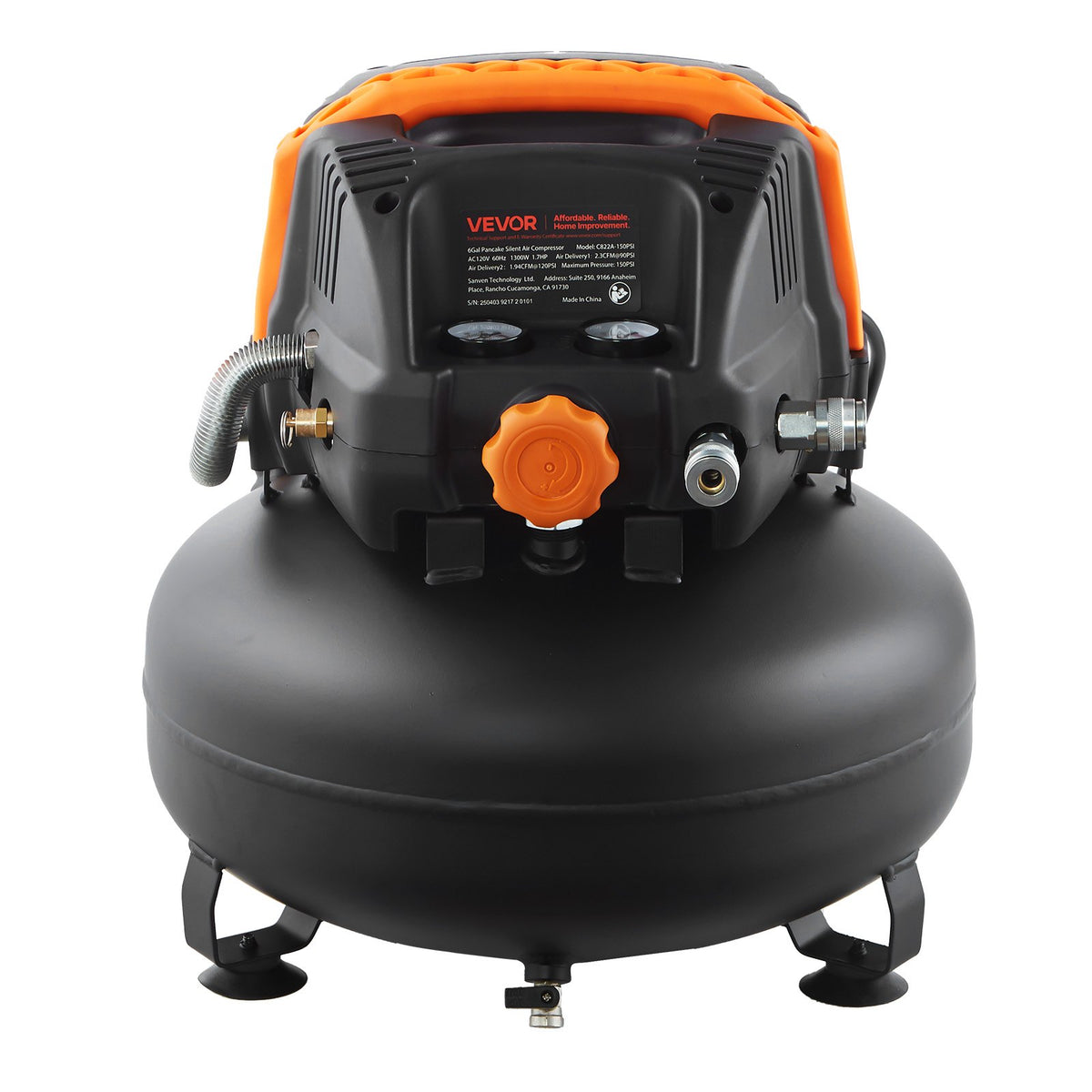 VEVOR 6 Gallon Air Compressor, 1.7HP 2.3CFM @ 90PSI Portable Pancake Air Compressor & 150PSI Max Working Pressure, Oil-Free Compressor Tank for Tire Inflation, Spray Painting, Woodwork Nailing, 120V - BSKYJYX120V656TA4001V1 - view 10