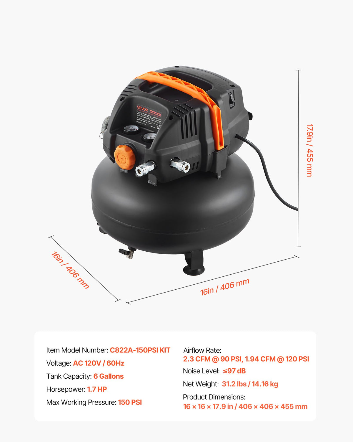 VEVOR 6 Gallon Air Compressor, 1.7HP 2.3CFM@90PSI Portable Pancake Air Compressor & 150PSI Max Pressure, 12-Piece Accessory Kit with 25FT Air Hose for Tire Inflation, Spray Painting, Woodwork Nailing - BSKYJYX120V6HFPJR001V1 - view 8