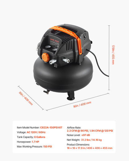 VEVOR 6 Gallon Air Compressor, 1.7HP 2.3CFM@90PSI Portable Pancake Air Compressor & 150PSI Max Pressure, 12-Piece Accessory Kit with 25FT Air Hose for Tire Inflation, Spray Painting, Woodwork Nailing - BSKYJYX120V6HFPJR001V1 - view 8