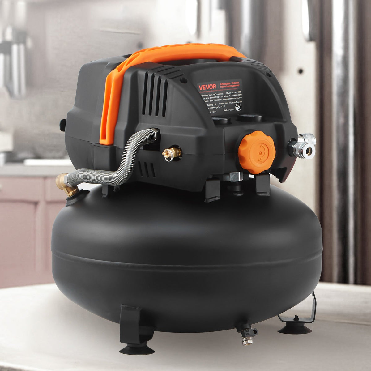 VEVOR 6 Gallon Air Compressor, 1.7HP 2.3CFM@90PSI Portable Pancake Air Compressor & 150PSI Max Pressure, 12-Piece Accessory Kit with 25FT Air Hose for Tire Inflation, Spray Painting, Woodwork Nailing - BSKYJYX120V6HFPJR001V1 - view 9