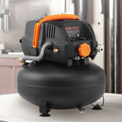 VEVOR 6 Gallon Air Compressor, 1.7HP 2.3CFM@90PSI Portable Pancake Air Compressor & 150PSI Max Pressure, 12-Piece Accessory Kit with 25FT Air Hose for Tire Inflation, Spray Painting, Woodwork Nailing - BSKYJYX120V6HFPJR001V1 - view 9